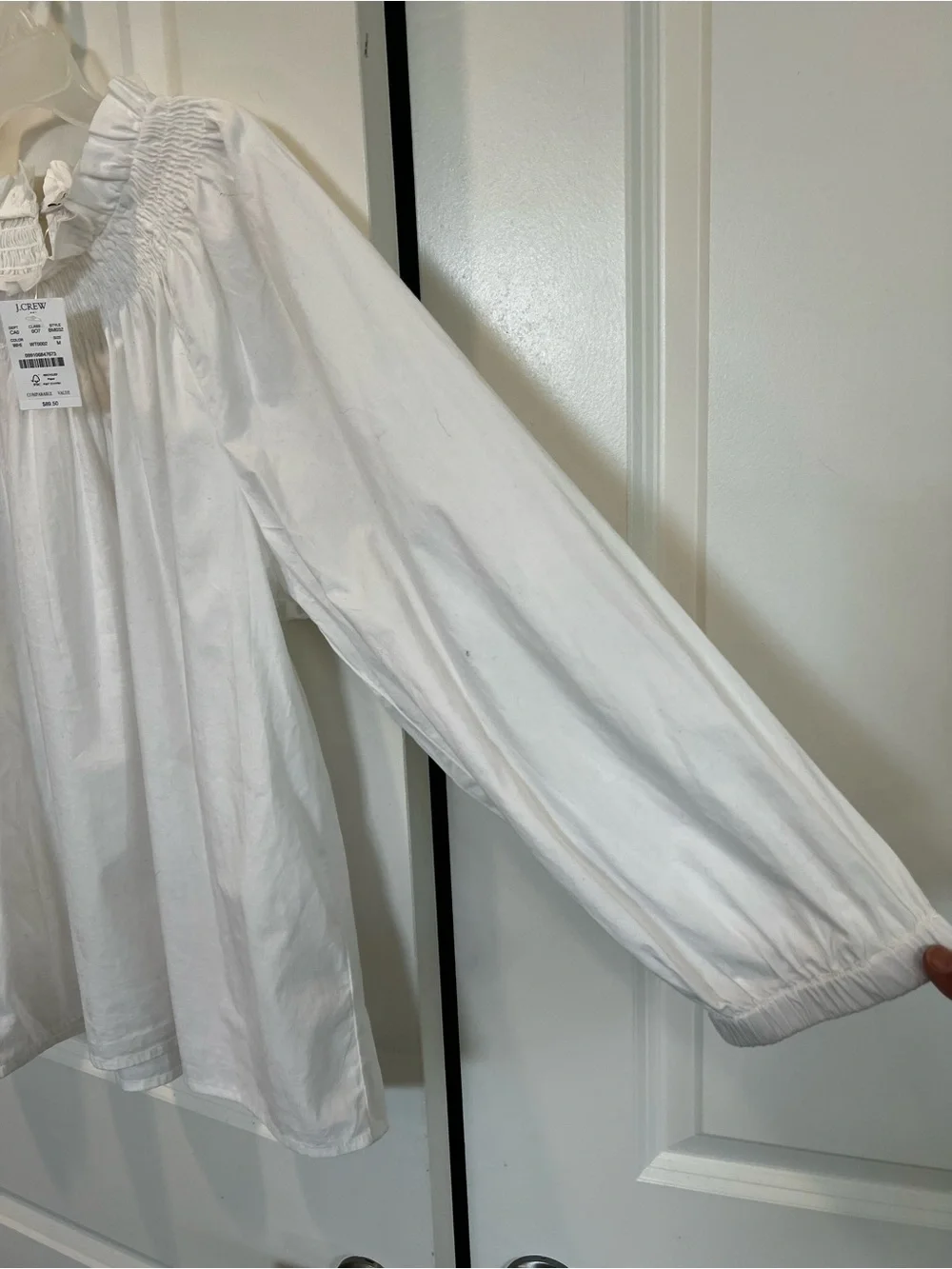 NWT J. Crew White Smocked-Neck Long Bubble Sleeve Top